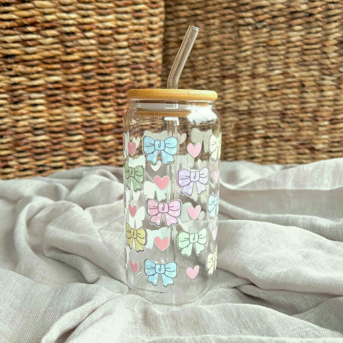 Gobelet en verre avec paille en verre et couvercle en bambou - Nœuds modèle 6