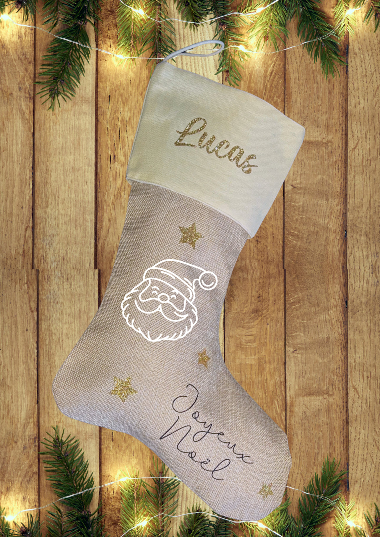 Chaussette de Noël en Toile de Jute et coton personnalisée