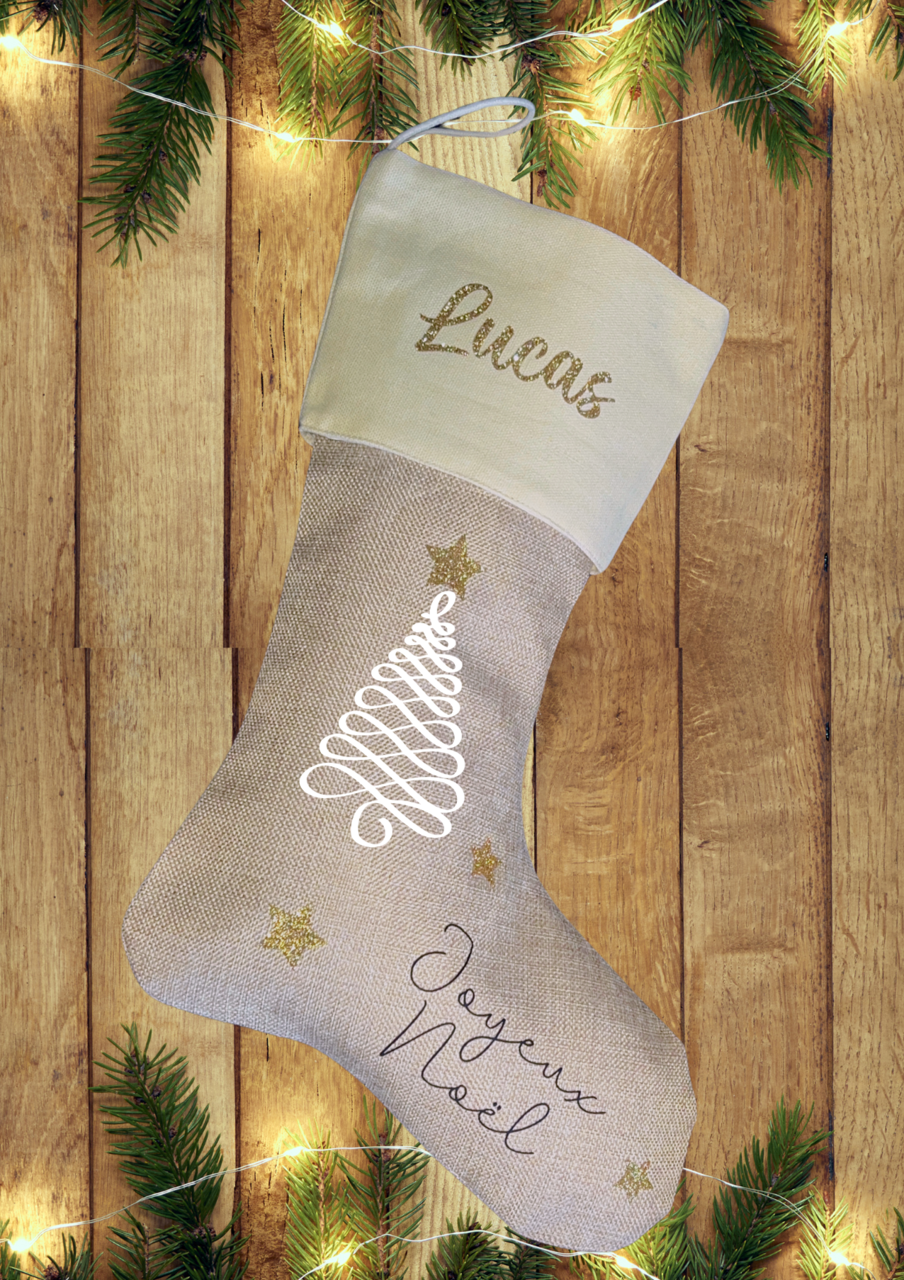 Chaussette de Noël en Toile de Jute et coton personnalisée