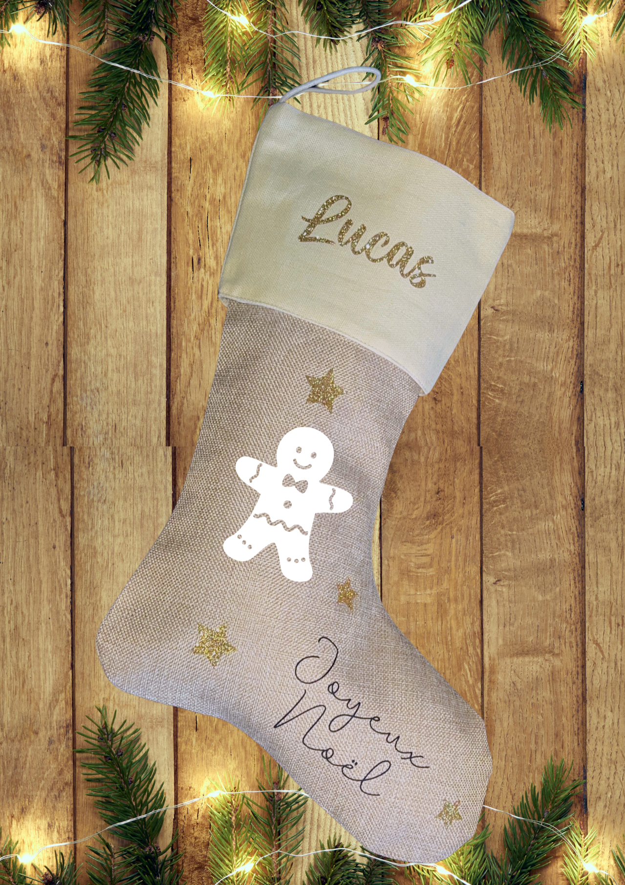 Chaussette de Noël en Toile de Jute et coton personnalisée