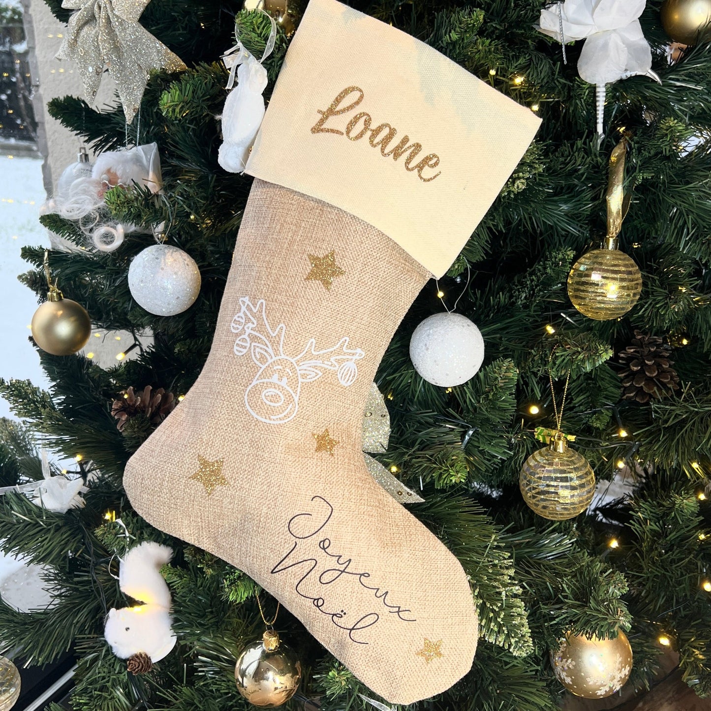 Chaussette de Noël en Toile de Jute et coton personnalisée