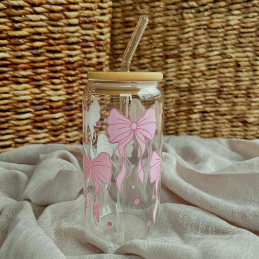 Gobelet en verre avec paille en verre et couvercle en bambou - Nœuds modèle 1