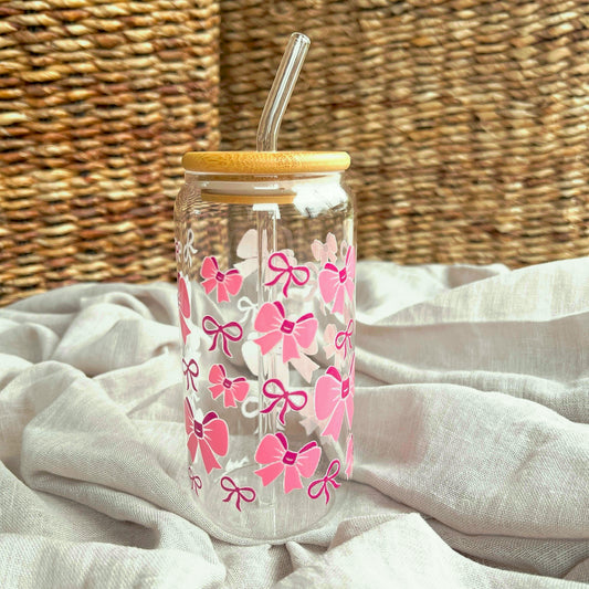 Gobelet en verre avec paille en verre et couvercle en bambou - Nœuds modèle 3