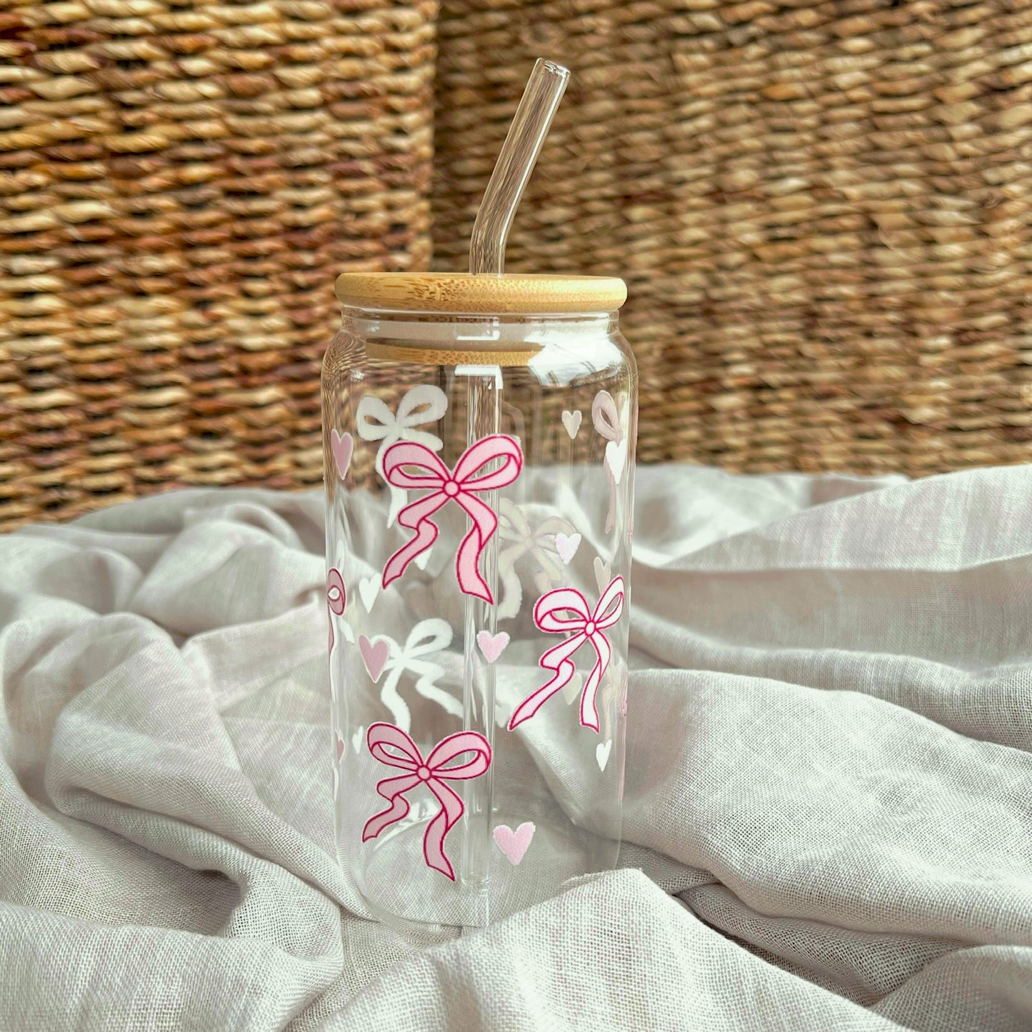 Gobelet en verre avec paille en verre et couvercle en bambou - Nœuds modèle 5