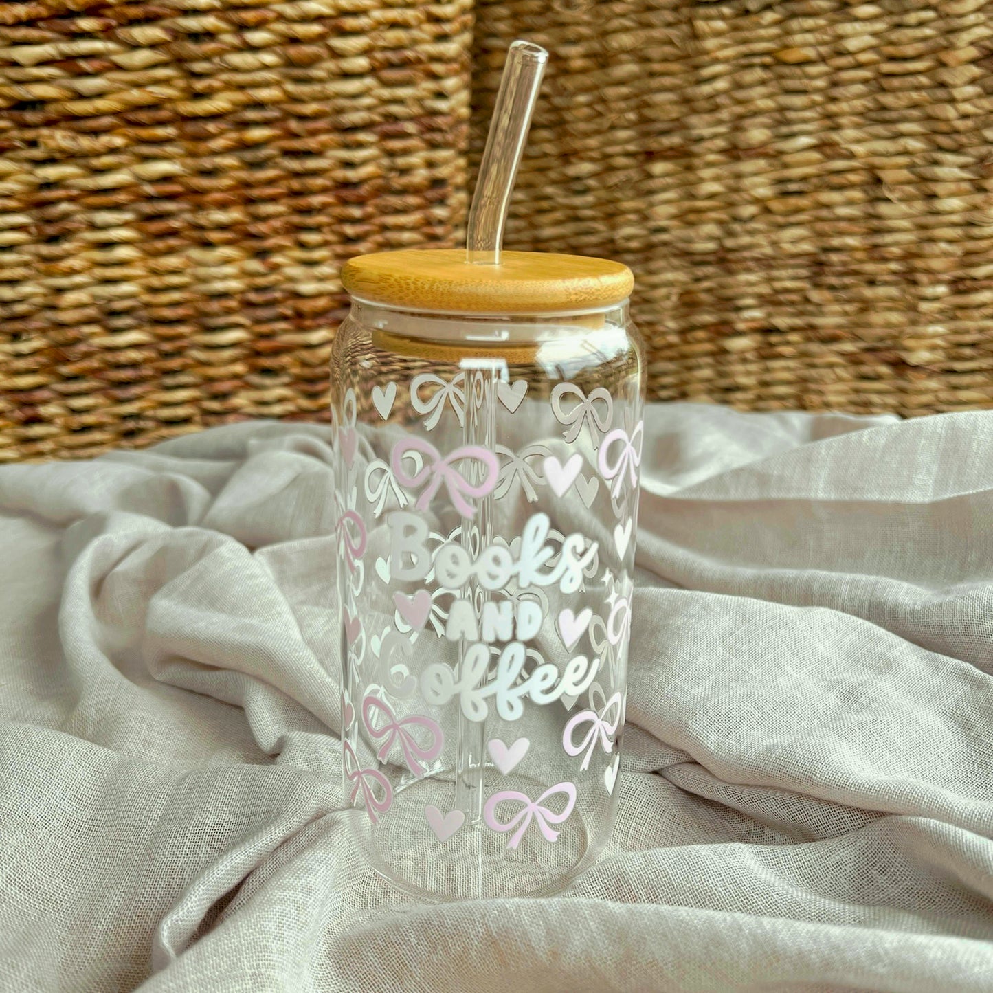 Gobelet en verre avec paille en verre et couvercle en bambou - Nœuds modèle 7